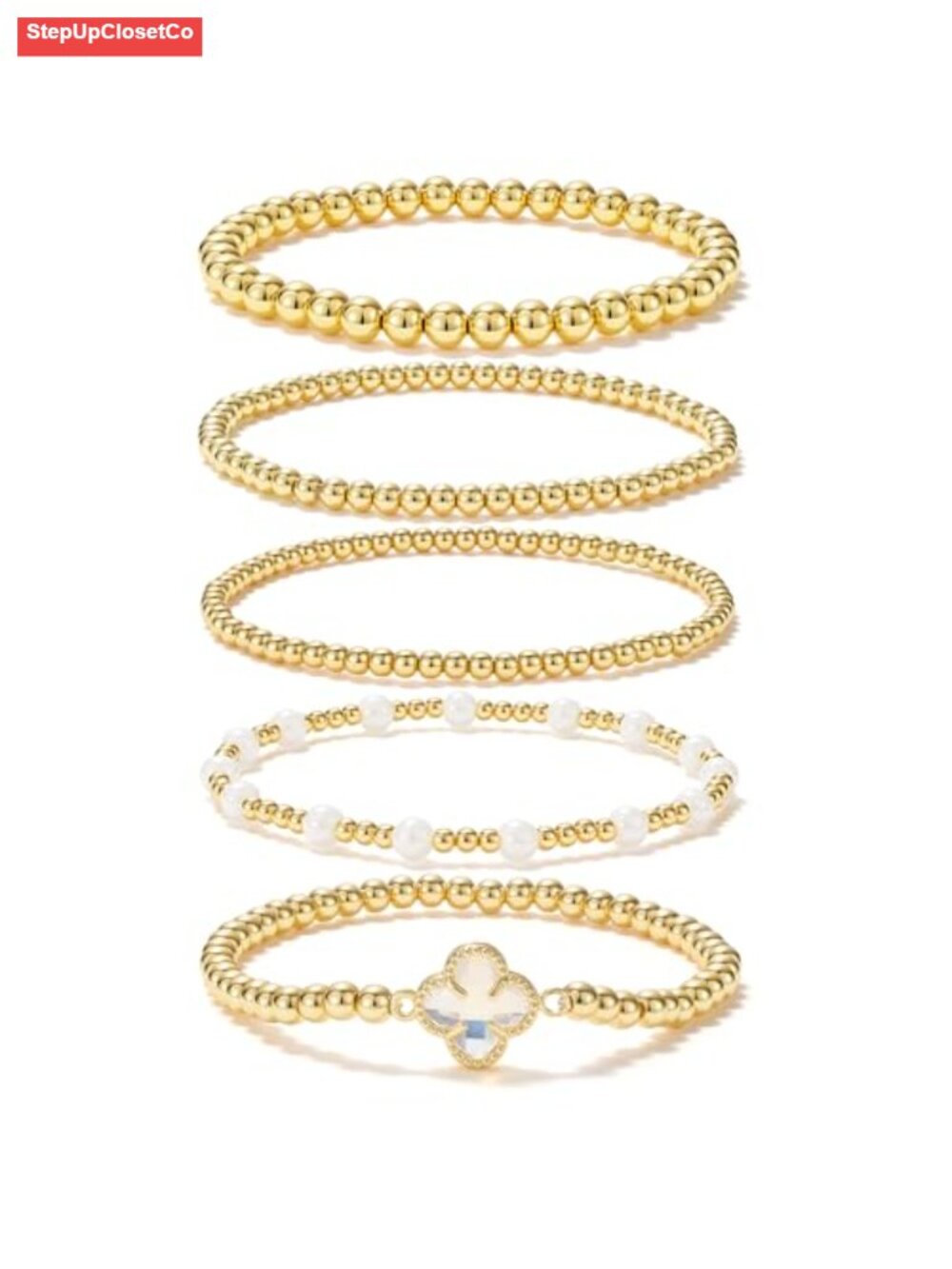 14K Gold Plated Beaded Stretch Bracelet Set for Women Stackable 5 Pcs